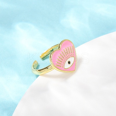 Pink Color Enamel Heart with Eye Open Cuff Ring RJEW-F135-08G-1