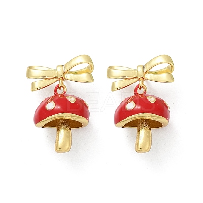 Mushroom with Bowknot Brass Enamel Dangle Stud Earrings EJEW-F895-25B-G-1