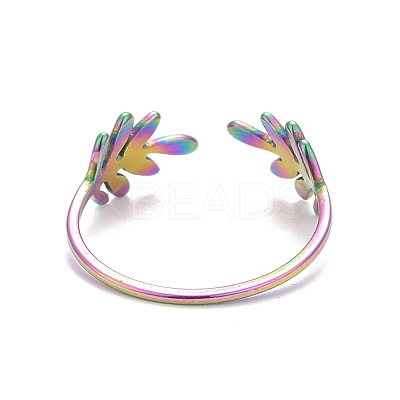 Ion Plating(IP) Rainbow Color 304 Stainless Steel Leaf Open Cuff Ring for Women RJEW-C025-24M-1