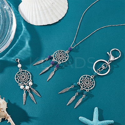 28Pcs 7 Colors Dyed Natural Lava Rock & Tibetan Style Alloy Pendant Decorations HJEW-AB00410-1