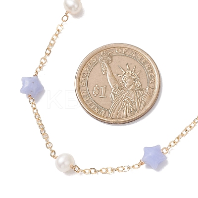 Synthetic Blue Lace Agate Star & Natural Freshwater Pearl & Brass Link Chain Necklaces NJEW-JN05687-02-1