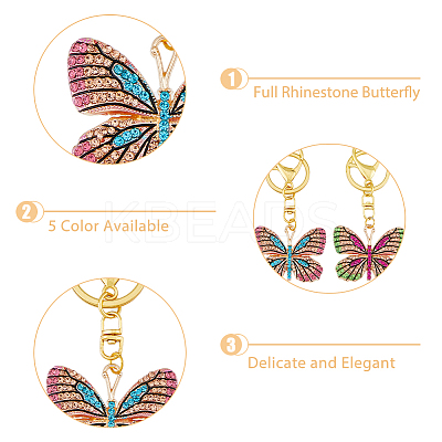 5Pcs Colorful Full Rhinestone Butterfly Pendant Keychain KEYC-PH01489-1