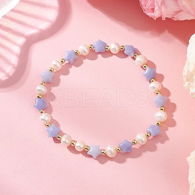 Natural & Synthetic Gemstone & Natural Cultured Freshwater Pearl & Brass Beads Stretch Bracelets for Women BJEW-JB12814-1