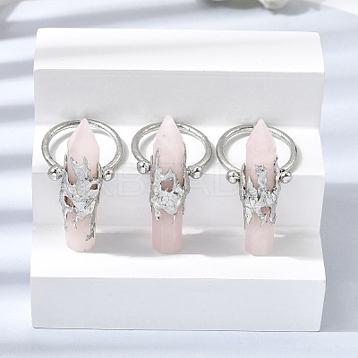 Natural Rose Quartz & Brass Cuff Rings for Women RJEW-G374-01P-10-1