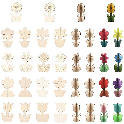 36Bags 9 Styles Unfinished Wooden Flower for Painting Arts WOOD-CJ0002-76-1