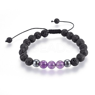 Natural Lava Rock and Non-Magnetic Synthetic Hematite Beads Braided Bead Bracelets BJEW-JB03975-01-1