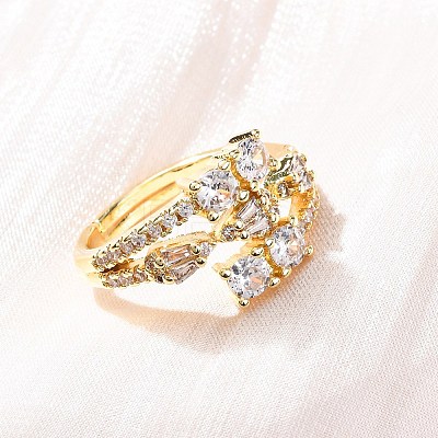 Brass Micro Pave Clear Cubic Zirconia Finger Rings for Women RJEW-U047-03G-1