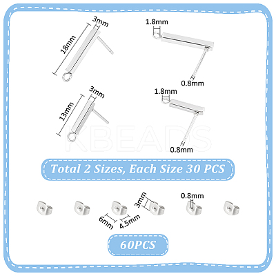 60Pcs 2 Size 304 Stainless Steel Stud Earring Finding STAS-UN0054-97-1