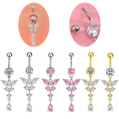 316L Surgical Stainless Steel Cubic Zirconia Butterfly Curved Barbell Dangle Belly Rings WGB11C1-09-1