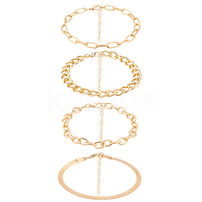 4Pcs 4 Style Alloy Curb & Cable & Paperclip & Herringbone Chain Bracelets Set for Men Women BJEW-AN0001-13-1