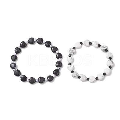 2Pcs Natural Howlite & Black Onyx Beaded Stretch Bracelets for Couple BJEW-JB13371-1