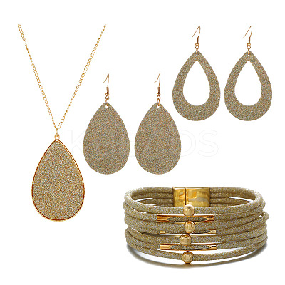Textured Imitation Leather Teardrop Pendant Necklace & Dangle Earrings & Multi-Strand Bracelet JX529E-1