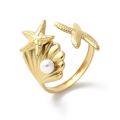 Starfish & Shell 304 Stainless Steel Cuff Rings RJEW-S621-08G-1