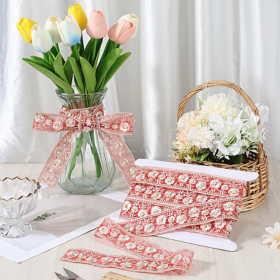 5 Yards Polyester Embroidery Flower Lace Ribbon with Imitation Pearl OCOR-CY0001-16D-1