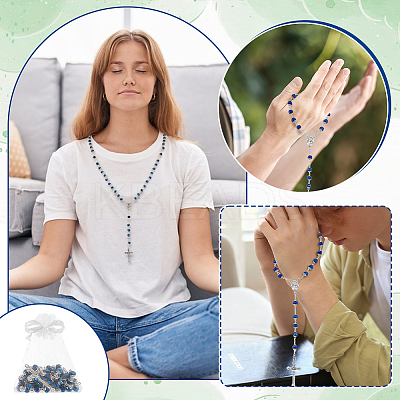 15Pcs Jesus Cross Zinc Alloy Pendant Blue Glass Rondelle Rosary Bead Necklaces for Women Men NJEW-WA0001-02-1