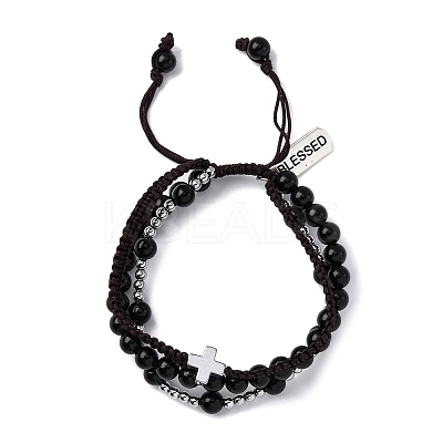Adjustable Natural Obsidian & Hematite Braided Bead Bracelets BJEW-U035-01A-1