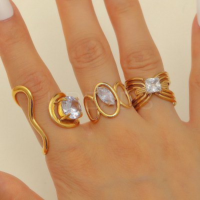 304 Stainless Steel Cubic Zirconia Cuff Rings Sets for Women FS-WG503C7-16-1
