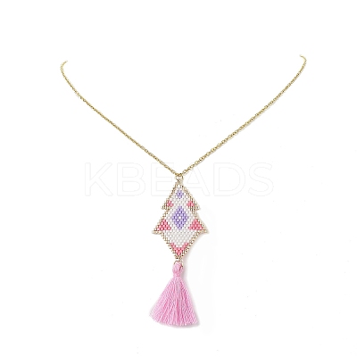 Rhombus Handmade Loom Pattern Glass Seed Pendants Necklaces with Tassel NJEW-MZ00012-1