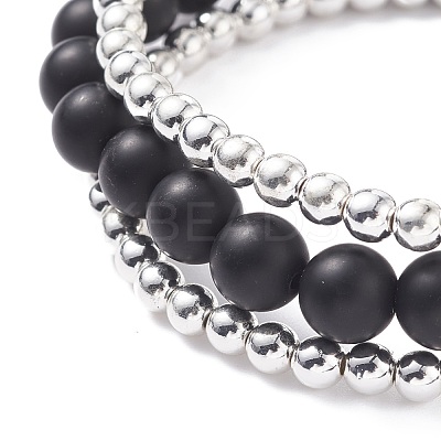3Pcs 3 Style Round Synthetic Black Stone & Hematite Beaded Stretch Bracelets Set BJEW-JB07688-03-1