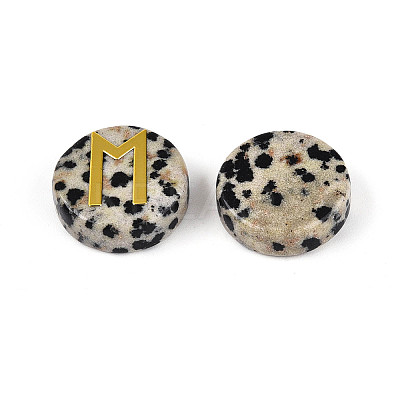 Brass Elder Futhark Alphabet Engraved Symbol Flat Round Natural Dalmatian Jasper Rune Stones G-I373-01D-1