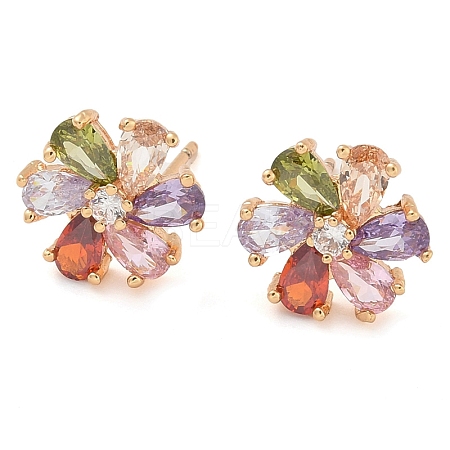 Rack Plating Flower Brass Cubic Zirconia Stud Earrings EJEW-M090-13G-03-1