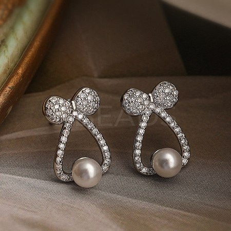 Bowknot Brass Micro Pave Clear Cubic Zirconia Stud Earrings EJEW-A110-06P-1
