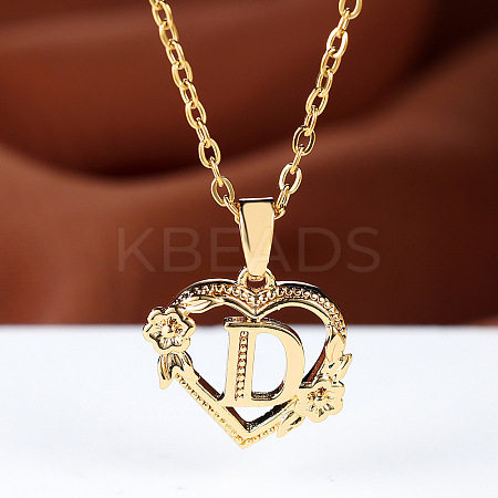 Brass Rose Flower Heart with Letter Pendant Cable Chain Necklaces FS-WG42461-04-1