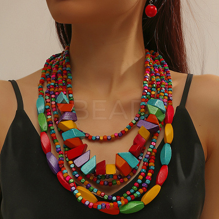 Bohemian Style Wood Beaded Multilayer Necklaces & Dangle Earrings Sets WG33684-01-1