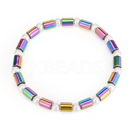 Electroplated Rainbow Color Synthetic Non-magnetic Hematite Column & White Round Acrylic Beaded Stretch Anklets for Women FS-WG6D389-03-1