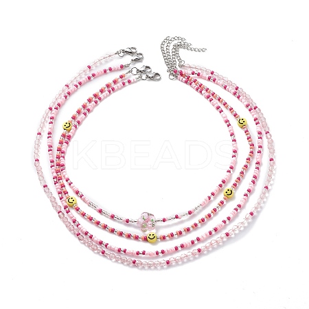 4Pcs 4 Style Smiling Face Flower Acrylic & Glass Seed Beaded Necklaces Set for Women NJEW-JN04015-1