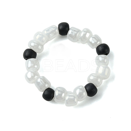 Round Synthetic Turquoise with Glass Seeded Beaded Stretch Rings for Women RJEW-JR00707-02-1