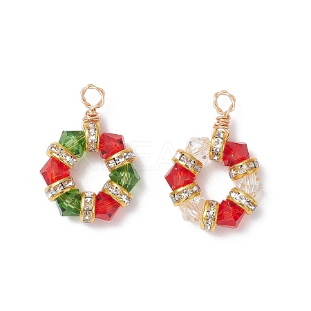 2Pcs 2 Colors Imitation Austrian Crystal K9 Glass & Brass Crystal Rhinestone Beaded Hexagon Pendants PALLOY-JF04343-1
