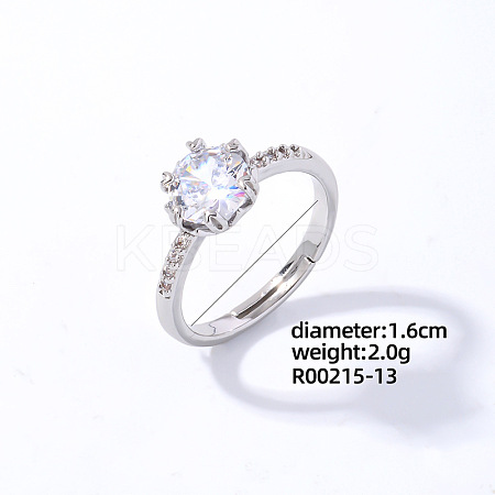 Flat Round Platinum Brass Adjustable Ring with Cubic Zirconia EG7863-10-1