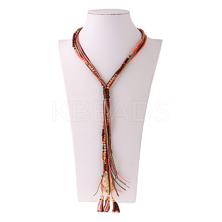 Bohemian Style Alloy & Resin & Waxed Cord & Imitation Leather Lariat Necklaces FS-WG837D8-02-1