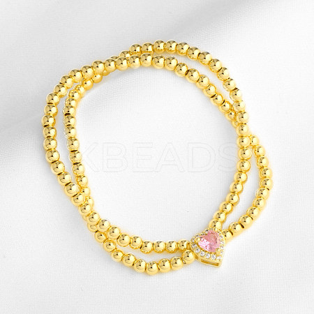 Brass Pave Cubic Zirconia Heart Round Beaded Stretch 2-Strand Bracelets for Women WG63F7B-01-1