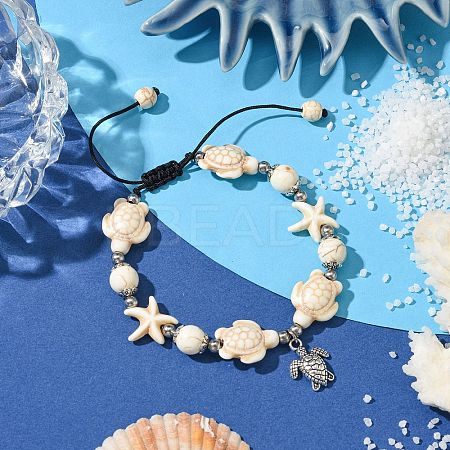 Starfish & Turtle Synthetic Turquoise Braided Beaded Bracelets BJEW-JB10926-03-1