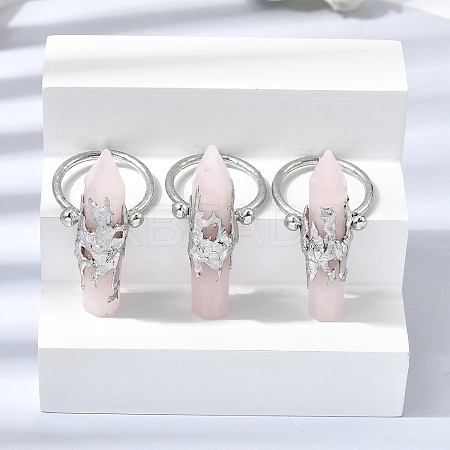 Natural Rose Quartz & Brass Cuff Rings for Women RJEW-G374-01P-10-1