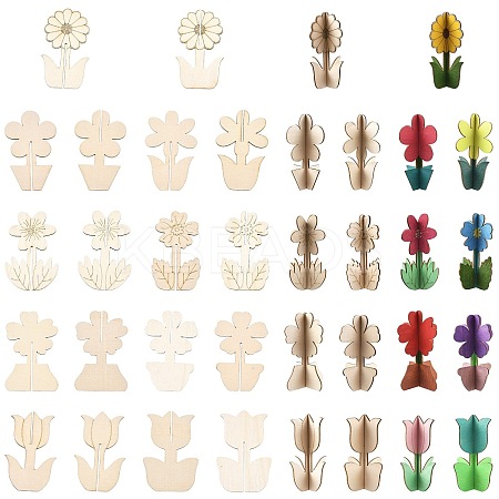 36Bags 9 Styles Unfinished Wooden Flower for Painting Arts WOOD-CJ0002-76-1