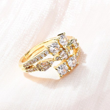 Brass Micro Pave Clear Cubic Zirconia Finger Rings for Women RJEW-U047-03G-1