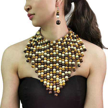 Bohemian Style Wood Round Beaded Pendant Necklaces & Dangle Earrings Sets FS-WG26D1A-02-1