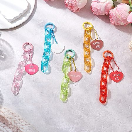 5Pcs 5 Colors Acrylic Heart & Cable Chain Pendant Decoration HJEW-JM03873-1