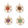 4Pcs 4 Styles Natural Green Aventurine & Tiger Eye & Carnelian & Amethyst & Shell Pearl Round Beaded Flower Pendants PALLOY-TA00300-01-1