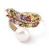Colorful Cubic Zirconia Wheat with Natural Pearl Open Cuff Ring RJEW-F134-04G-3