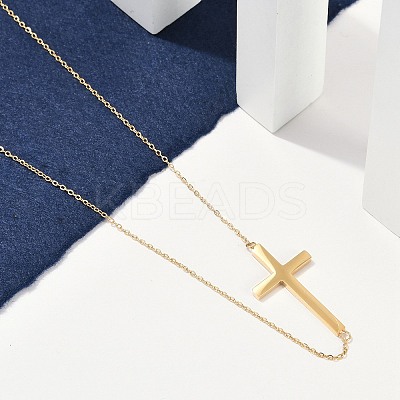 Ion Plating(IP) 304 Stainless Steel Religion Cross Pendant Cable Chain Necklaces for Women NJEW-P320-07G-1