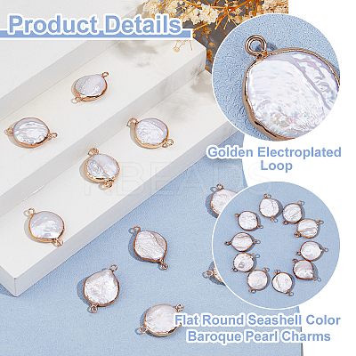 10Pcs Electroplated Natural Keshi Pearl Flat Round Connector Charms PEAR-HS0001-11-1
