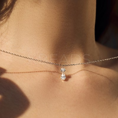 Clear Cubic Zirconia Flat Round Teardrop Pendant 925 Sterling Silver Cable Chain Necklaces for Women NJEW-S457-11P-1