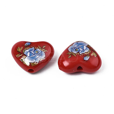 Flower Printed Opaque Acrylic Heart Beads SACR-S305-28-I02-1