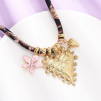 304 Stainless Steel Enamel Pink Flower Heart Pendant Leopard Print Polyester Cord Necklaces for Women NJEW-F352-04G-1