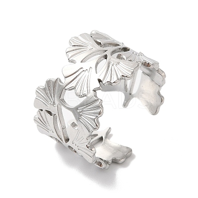 Non-Tarnish 304 Stainless Steel Gingko Leaf Open Cuff Ring for Women RJEW-K245-42P-1
