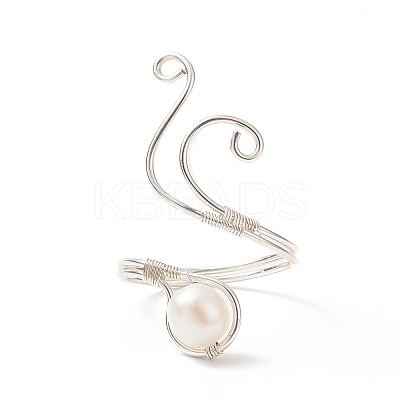 Copper Wire Wrapped Natural Freshwater Pearl Cuff Rings for Women RJEW-JR00553-02-1